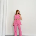 Bel Kemerli Asimetrik Kesim Yelekli Takım Pembe
