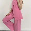 Bel Kemerli Asimetrik Kesim Yelekli Takım Pembe