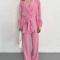 Bürümcük Bel Bağlamalı Kruvaze Yaka Tasarım Takım Pembe