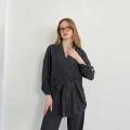 Bürümcük Bel Bağlamalı Kruvaze Yaka Tasarım Takım Antrasit
