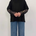 Kol Dantel Detaylı Oversize Tişört Siyah