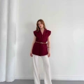 Kemer Detaylı Kruvaze Yaka Yelek Bordo