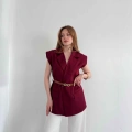 Kemer Detaylı Kruvaze Yaka Yelek Bordo