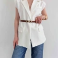 Kemer Detaylı Kruvaze Yaka Yelek Beyaz