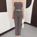 Çizgi Detaylı Crop - Pantolon Takım Gri