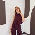 Büzgü Detay Bluz Pantolon Takım Mürdüm