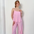 Krep Kumaş Askılı Bluz-Pantolon Takım Pembe