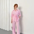 Bel Büzgü Detalı Gömlek-Pantolon Takım Pembe