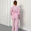 Bel Büzgü Detalı Gömlek-Pantolon Takım Pembe
