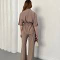 Bel Büzgü Detalı Gömlek-Pantolon Takım Vizon