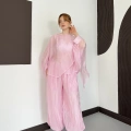 Uçuşan Pelerin Bluz-Pantolon Takım Pembe