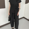 Poplin Bağlama Detaylı Bluz-PAntolon Takım Siyah
