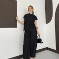 Poplin Bağlama Detaylı Bluz-PAntolon Takım Siyah