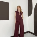 Büyük Düğme Detaylı Yelek-Pantolon Takım Bordo