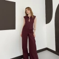 Büyük Düğme Detaylı Yelek-Pantolon Takım Bordo