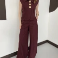 Büyük Düğme Detaylı Yelek-Pantolon Takım Bordo