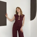 Büyük Düğme Detaylı Yelek-Pantolon Takım Bordo