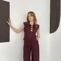 Büyük Düğme Detaylı Yelek-Pantolon Takım Bordo
