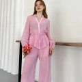 İspanyol Paça Transparan Gömlek-Pantolon Takım Pembe