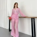 İspanyol Paça Transparan Gömlek-Pantolon Takım Pembe
