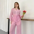 İspanyol Paça Transparan Gömlek-Pantolon Takım Pembe