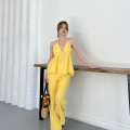 Boyundan Bağlamalı Bürümcük Bluz-Pantolon Takım Sarı