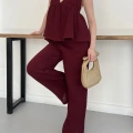 Boyundan Bağlamalı Bürümcük Bluz-Pantolon Takım Bordo