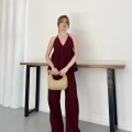 Boyundan Bağlamalı Bürümcük Bluz-Pantolon Takım Bordo
