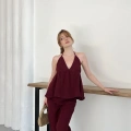 Boyundan Bağlamalı Bürümcük Bluz-Pantolon Takım Bordo