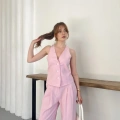 Sırt Detaylı Keten Yelek-Pantolon Takım Pembe