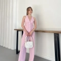 Sırt Detaylı Keten Yelek-Pantolon Takım Pembe