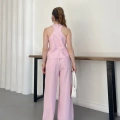 Sırt Detaylı Keten Yelek-Pantolon Takım Pembe