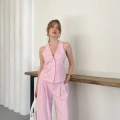 Sırt Detaylı Keten Yelek-Pantolon Takım Pembe