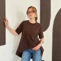 Modal Kumaş Garnili Asimetrik Oversize Tişört Kahve