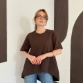 Modal Kumaş Garnili Asimetrik Oversize Tişört Kahve