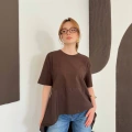 Modal Kumaş Garnili Asimetrik Oversize Tişört Kahve