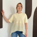 Modal Kumaş Garnili Asimetrik Oversize Tişört Sarı