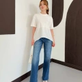 Modal Kumaş Garnili Asimetrik Oversize Tişört Ekru