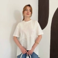 Modal Kumaş Garnili Asimetrik Oversize Tişört Ekru