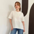 Modal Kumaş Garnili Asimetrik Oversize Tişört Ekru