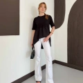 Modal Kumaş Garnili Asimetrik Oversize Tişört Siyah