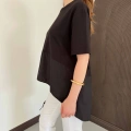 Modal Kumaş Garnili Asimetrik Oversize Tişört Siyah