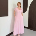 Pola Yaka Cepli Örme Elbise Pembe