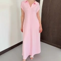 Pola Yaka Cepli Örme Elbise Pembe