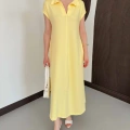 Pola Yaka Cepli Örme Elbise Sarı