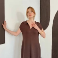 Pola Yaka Cepli Örme Elbise Kahve