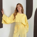 Pelerin Detaylı Bluz Bel Lastikli Pantolon Takım Sarı