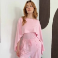 Pelerin Detaylı Bluz Bel Lastikli Pantolon Takım Pembe