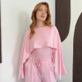 Pelerin Detaylı Bluz Bel Lastikli Pantolon Takım Pembe