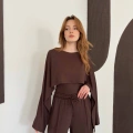 Pelerin Detaylı Bluz Bel Lastikli Pantolon Takım Kahve